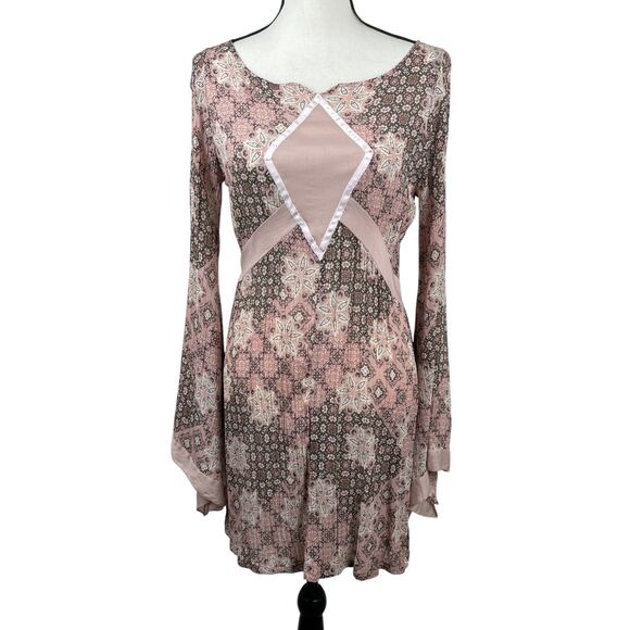 Kookai Mini Dress Size 2 Pink Brown Geometric Floral Long Sleeve Boho Hippie - Picture 1 of 12